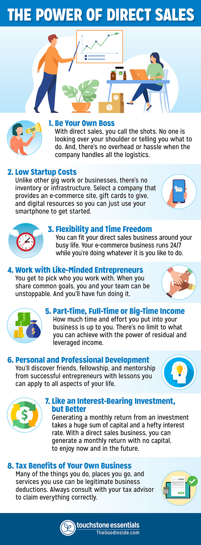 Be your own boss, low start up costs, flexibility, like-minded workers, part-time or full-time, personal development, investment, tax benefits